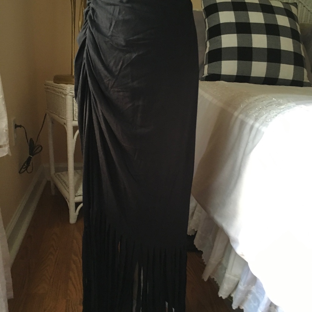 Rayon spandex fringed black maxi skirt